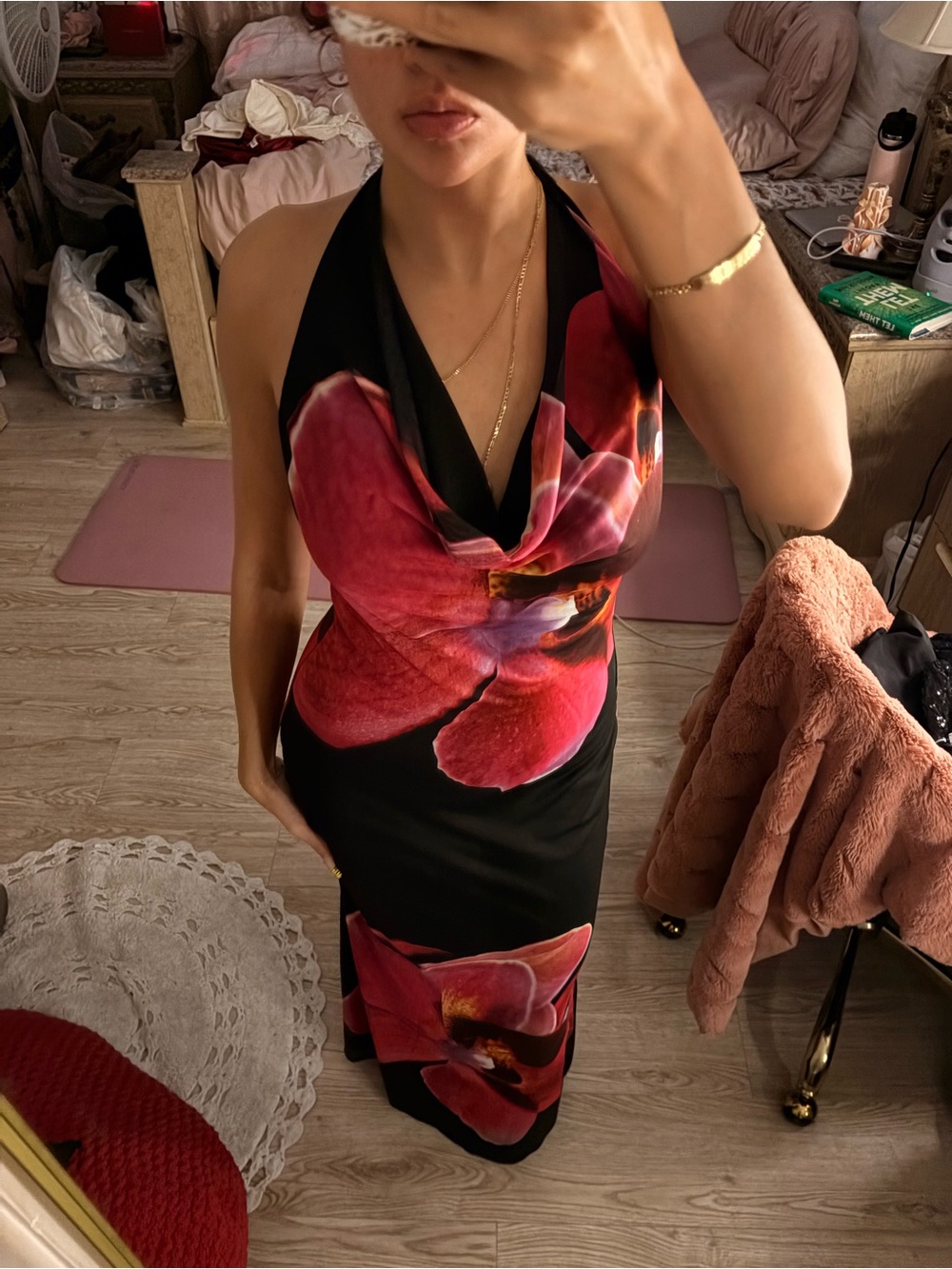 Windsor Black Halter Maxi Dress with Bold Red Floral Print